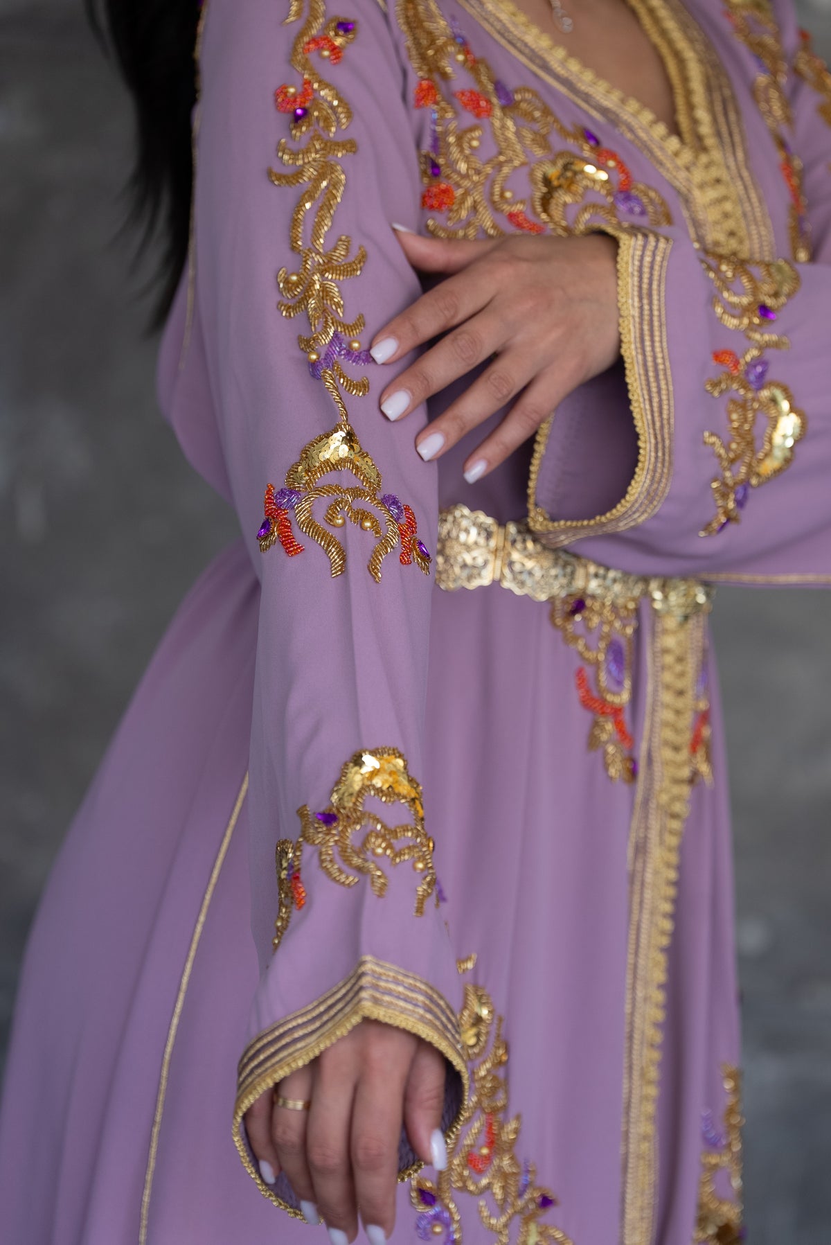 Lavender Gold Embroidered Kaftan with Orange Underdress & Belt