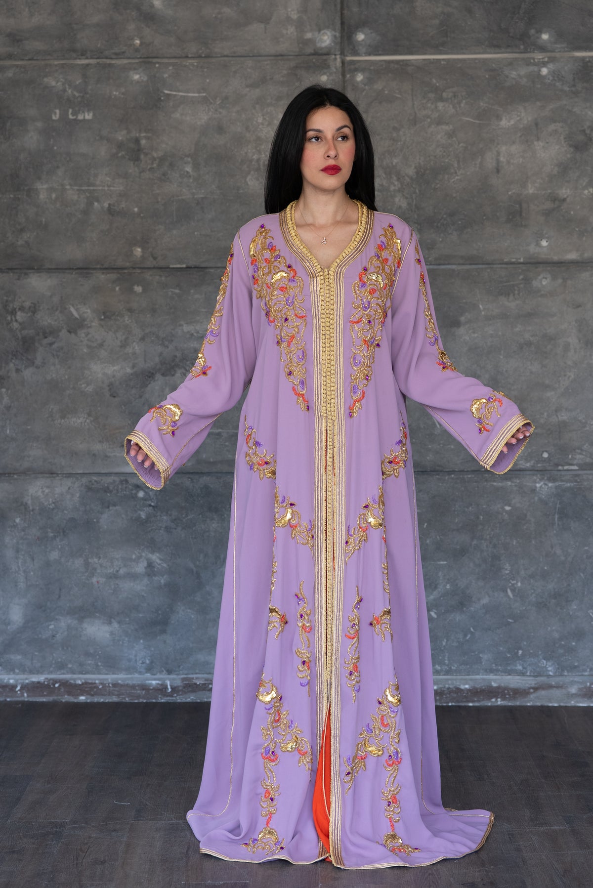Lavender Gold Embroidered Kaftan with Orange Underdress & Belt