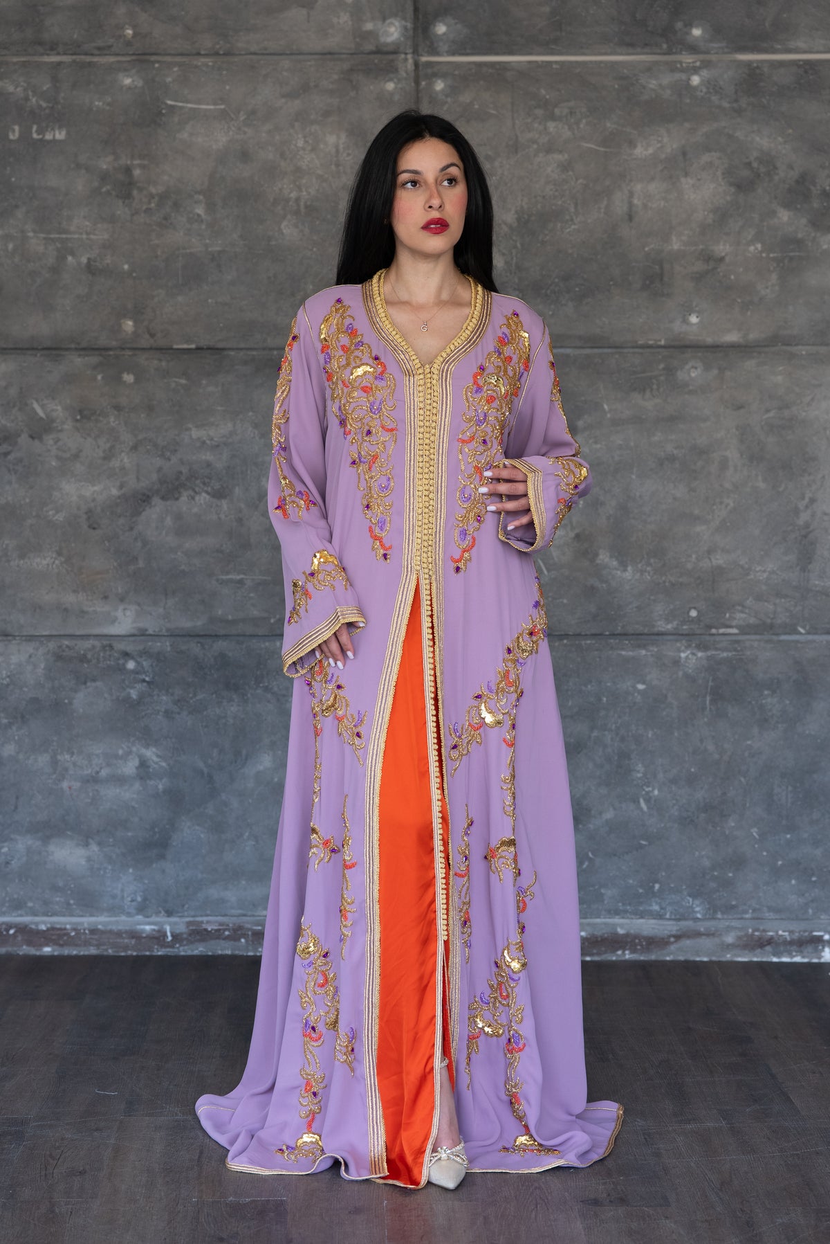 Lavender Gold Embroidered Kaftan with Orange Underdress & Belt