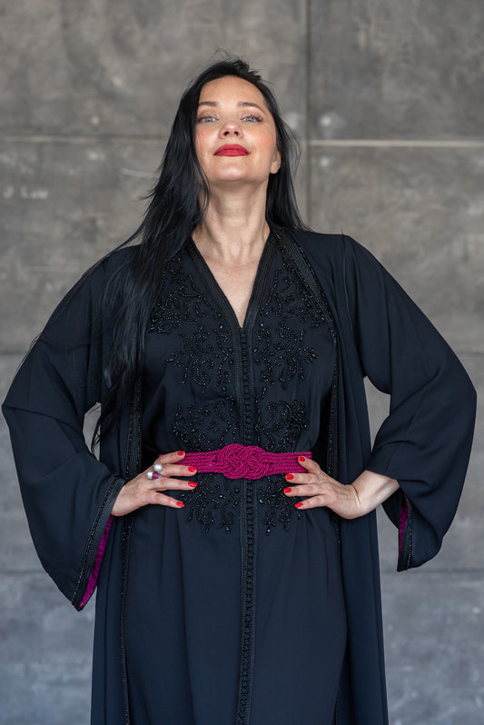 2 Pieces Embellished Black Caftan with Magenta Accents