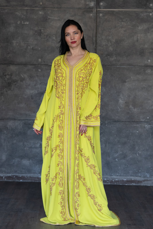 Handmade Embroidered Yellow Gold Caftan