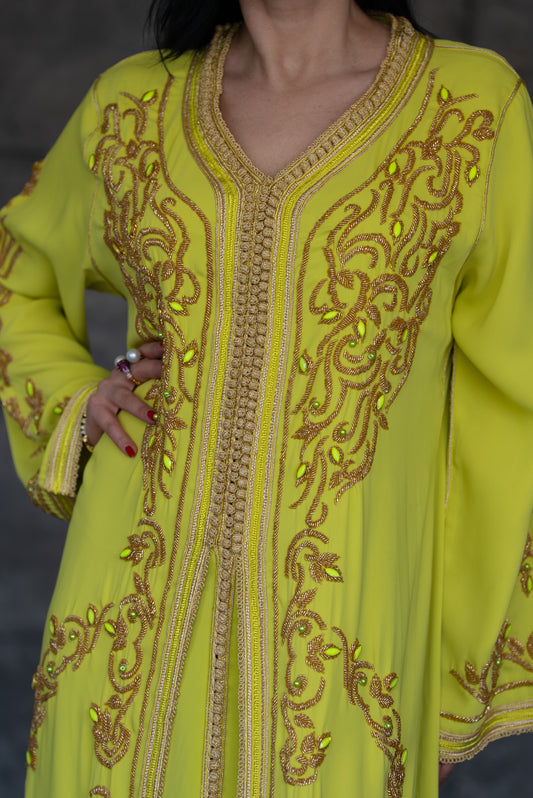 Handmade Embroidered Yellow Gold Caftan