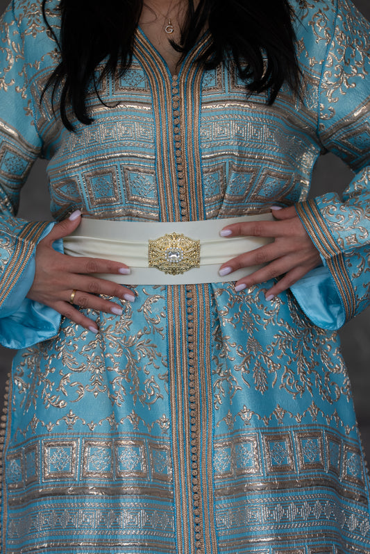 Sky Blue Brocade Caftan with Gold Accents
