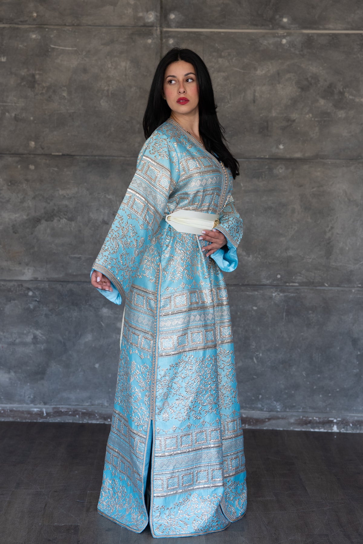 Sky Blue Brocade Caftan With Gold Accents