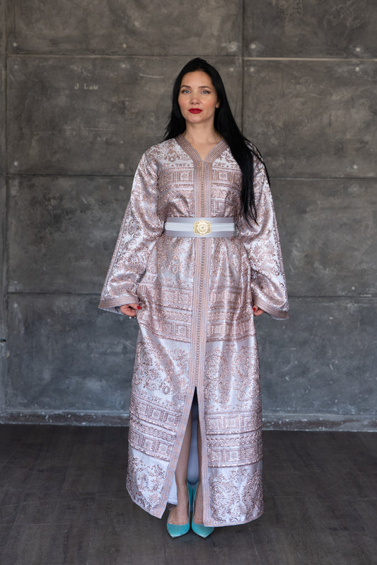 Blush Pink Brocade Caftan with White Belt