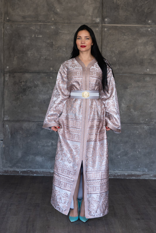 Blush Pink Brocade Caftan with White Belt