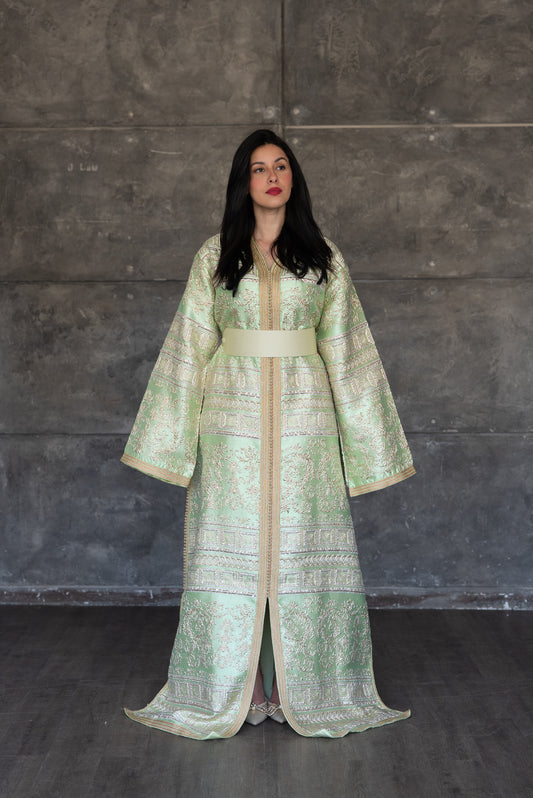 Pastel Green Brocade Caftan with Golden Detailing