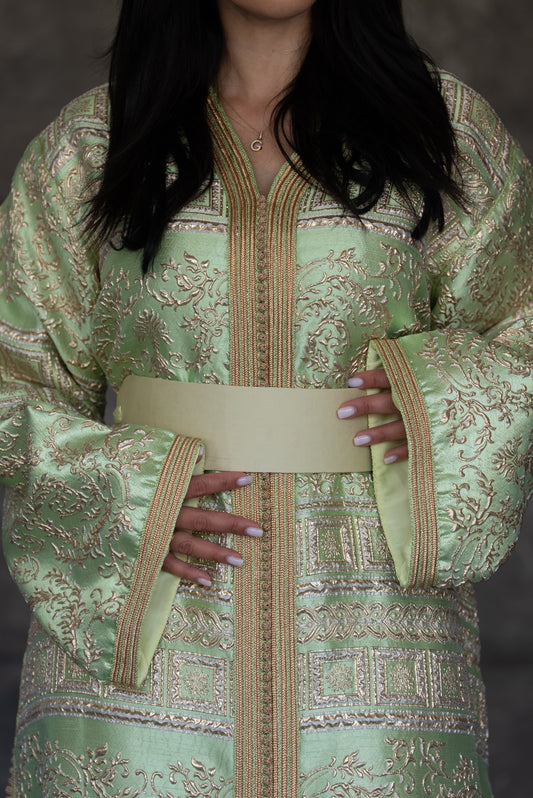 Pastel Green Brocade Caftan With Golden Detailing