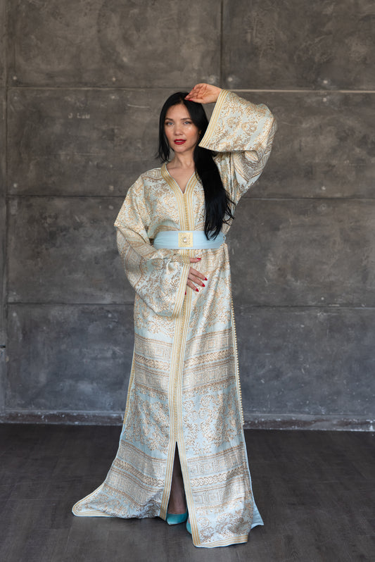 Gold Embroidered Mint Brocade Caftan with Crystal Buckle Belt
