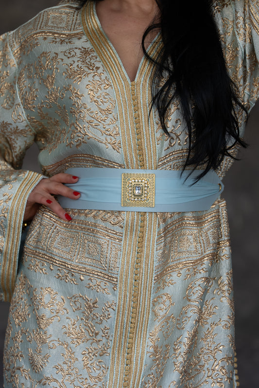 Gold Embroidered Mint Brocade Caftan with Crystal Buckle Belt