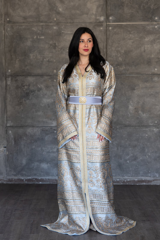 Silver Blue Brocade Caftan with Lilac Sash Belt