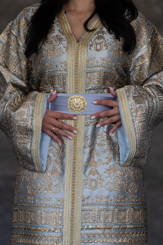 Silver Blue Brocade Caftan with Lilac Sash Belt
