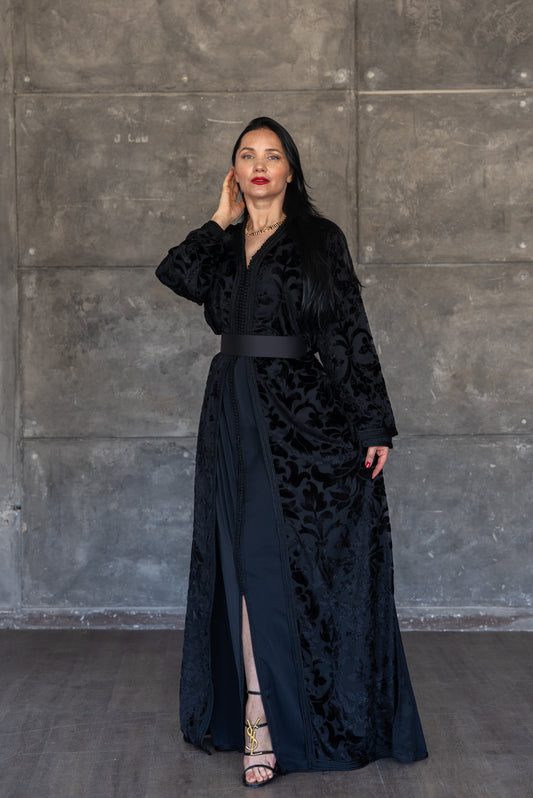 Black Velvet Burnout Caftan with Satin Belt