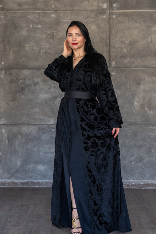 Black Velvet Burnout Caftan with Satin Belt
