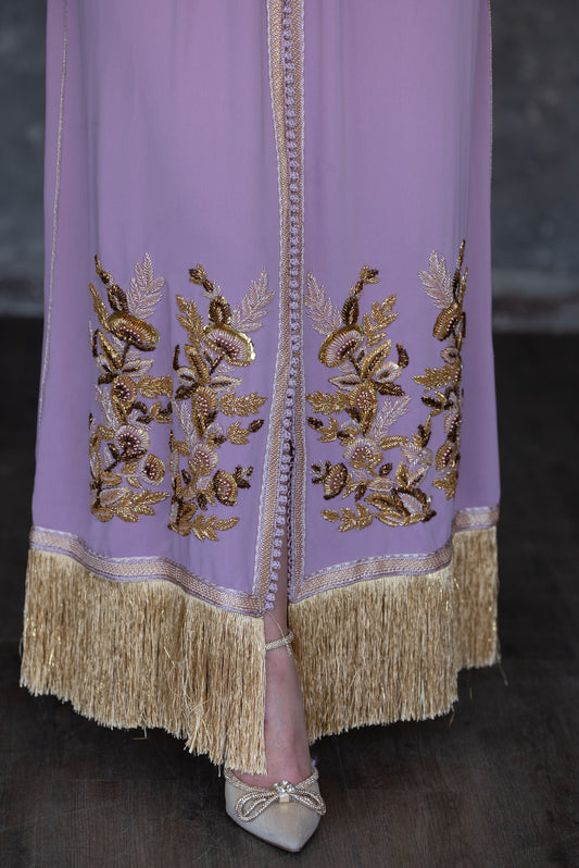 Lavender Embroidered Caftan with Gold Fringe Hem  Description: