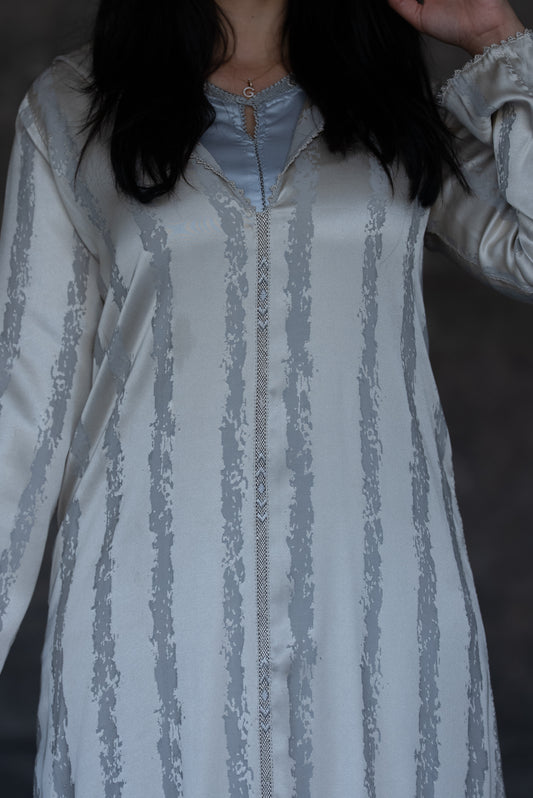 2 Pieces Ivory & Silver Striped Satin Modern Djellaba