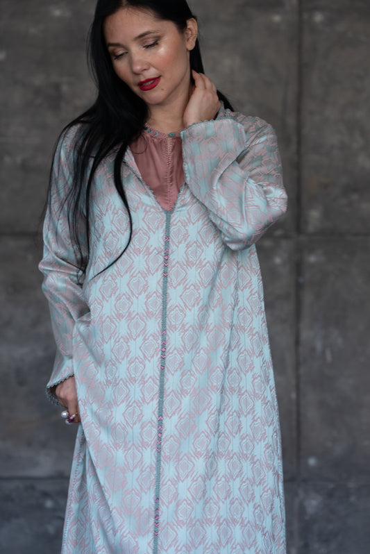 2 Pieces Icy Blue and Rose Jacquard Modern Djellaba with Satin Underlay