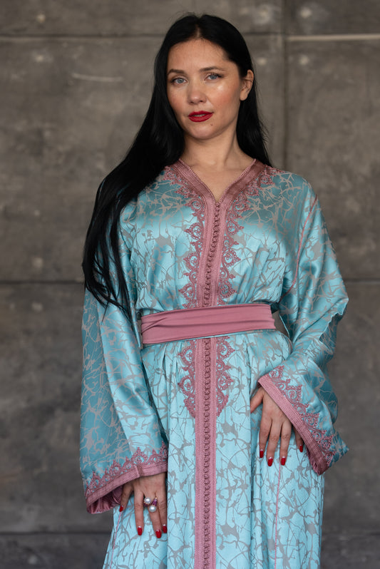 Turquoise Satin Caftan with Rose Trim and Belt