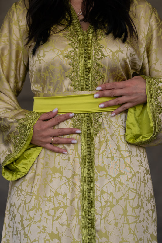 Lime Gold Satin Caftan with Embroidered Trim and Belt