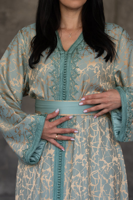 Pistachio Green Caftan with Embroidered Trim and Belt