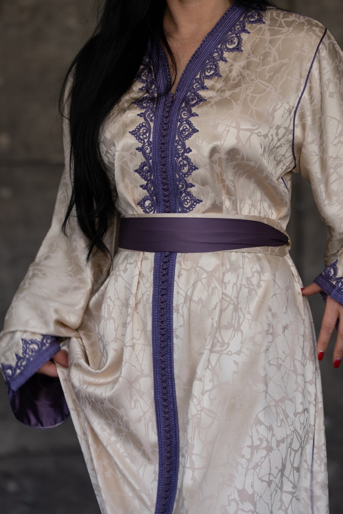 Ivory Satin Caftan With Purple Embroidered Trim And Belt