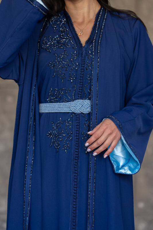 Navy Blue Embellished Caftan with Light Blue Lining and Braided Belt