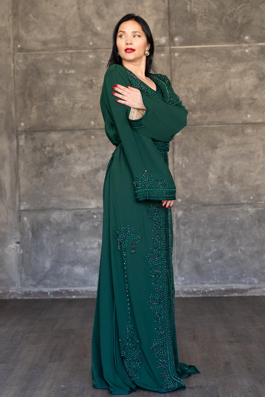 Emerald Green Beaded Double-Layer Caftan