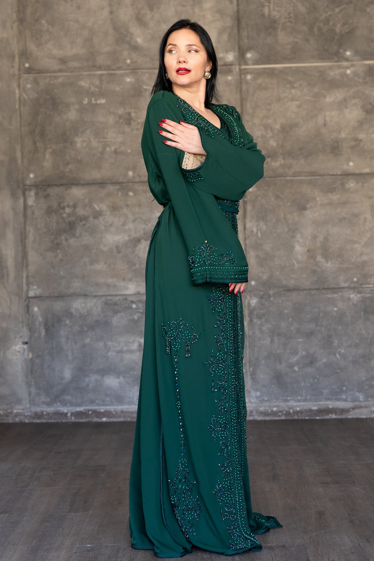 Emerald Green Beaded Double-Layer Caftan