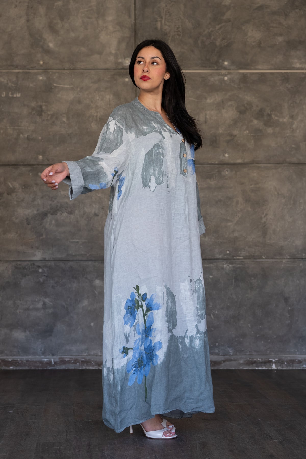 Grey Floral Print Italian Linen Maxi Dress