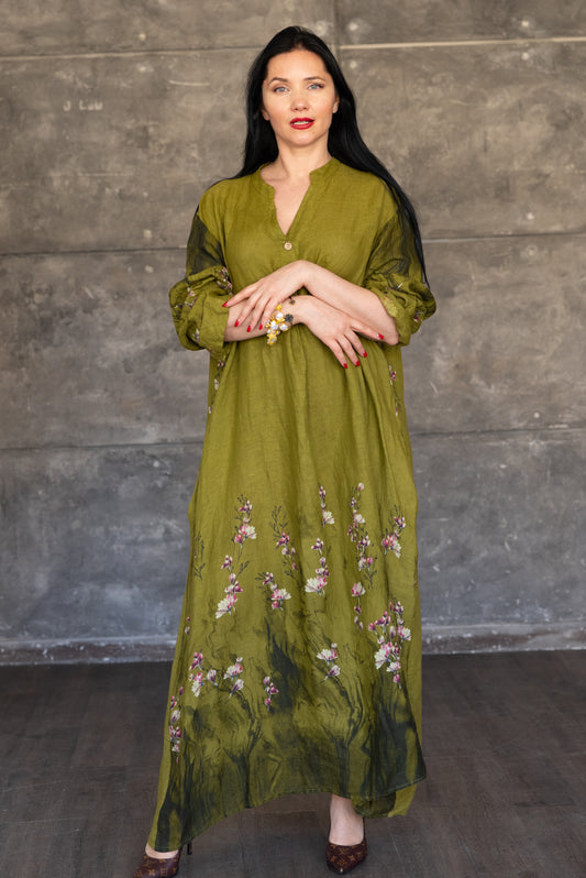 Olive Green Italian 100% Linen Floral Maxi Dress