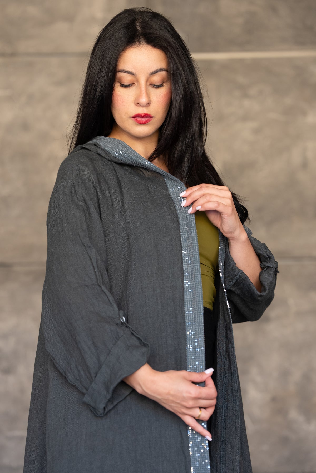 Charcoal Hooded Open Cardigan with Sequin Trim