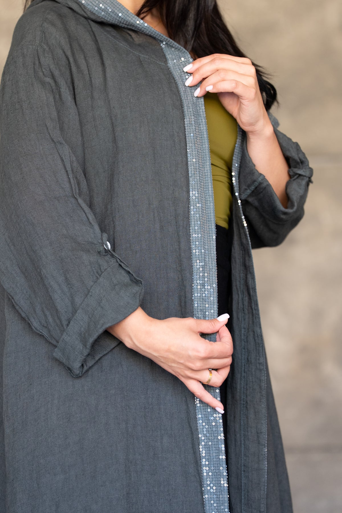 Charcoal Hooded Open Cardigan with Sequin Trim
