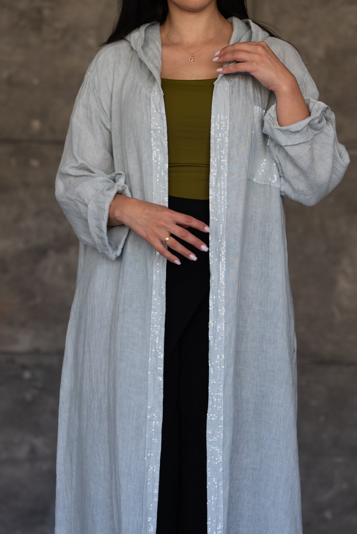 Light Grey Hooded Open Cardigan with Sequin Trim