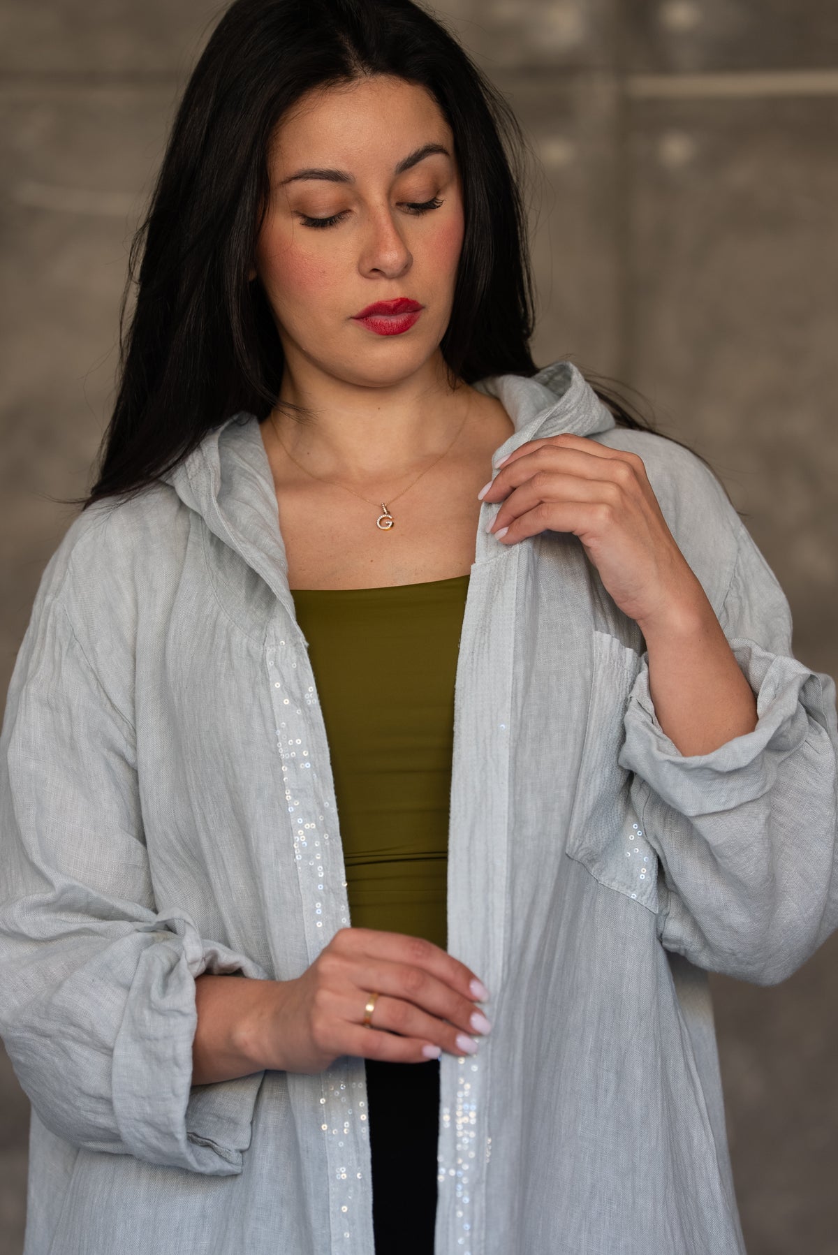 Light Grey Hooded Open Cardigan with Sequin Trim