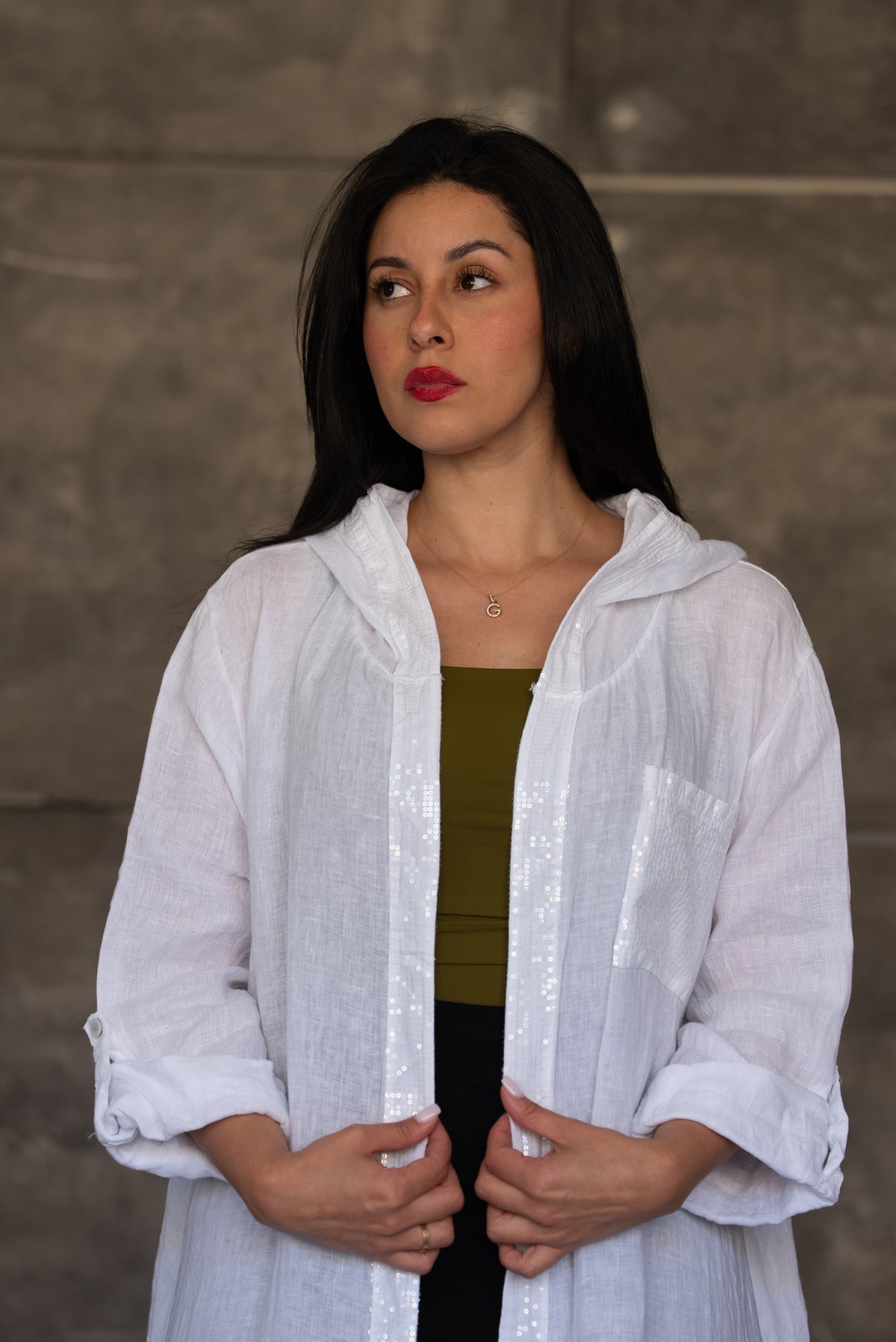 White Hooded Linen Open Cardigan with Sequin Trim