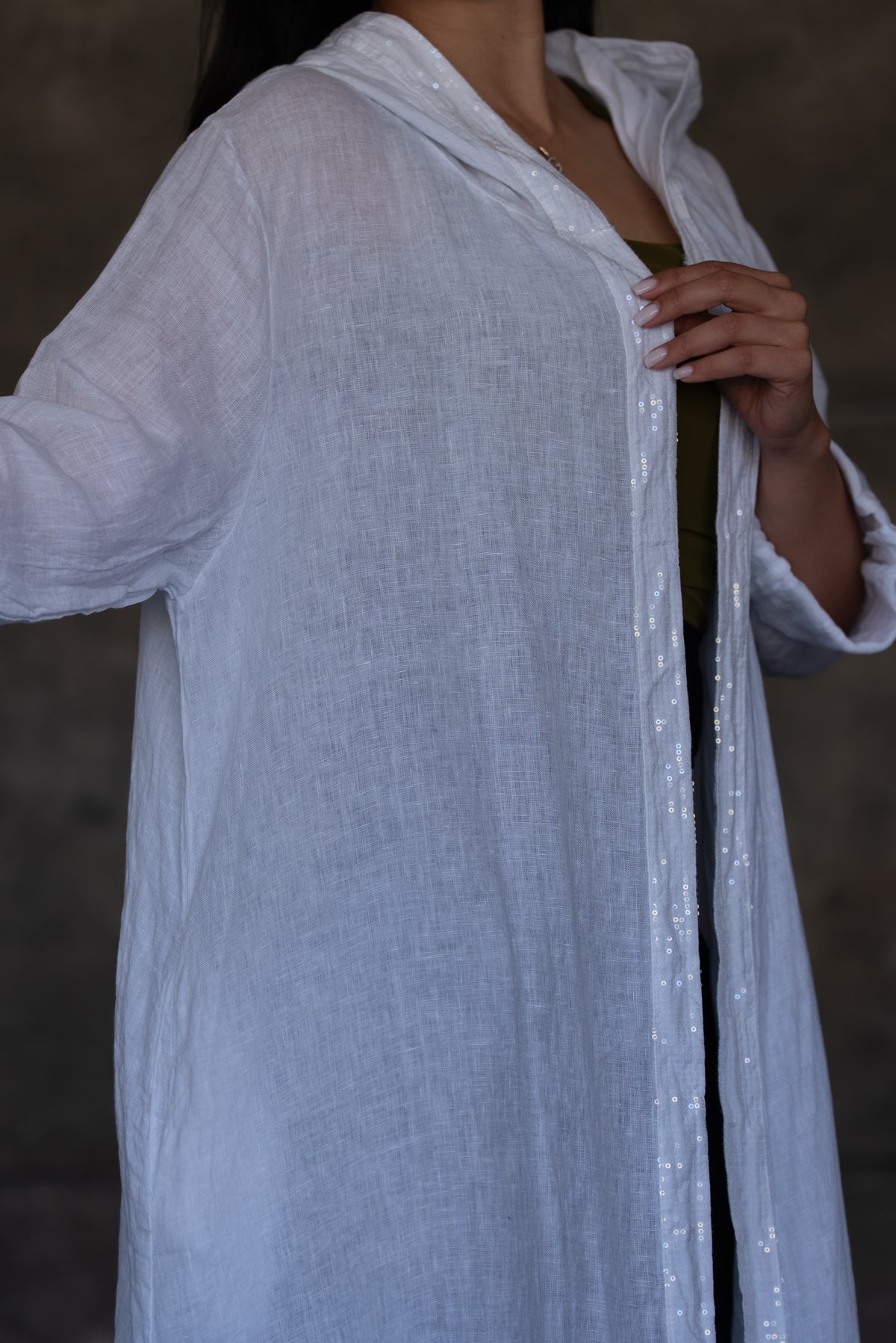 White Hooded Linen Open Cardigan with Sequin Trim