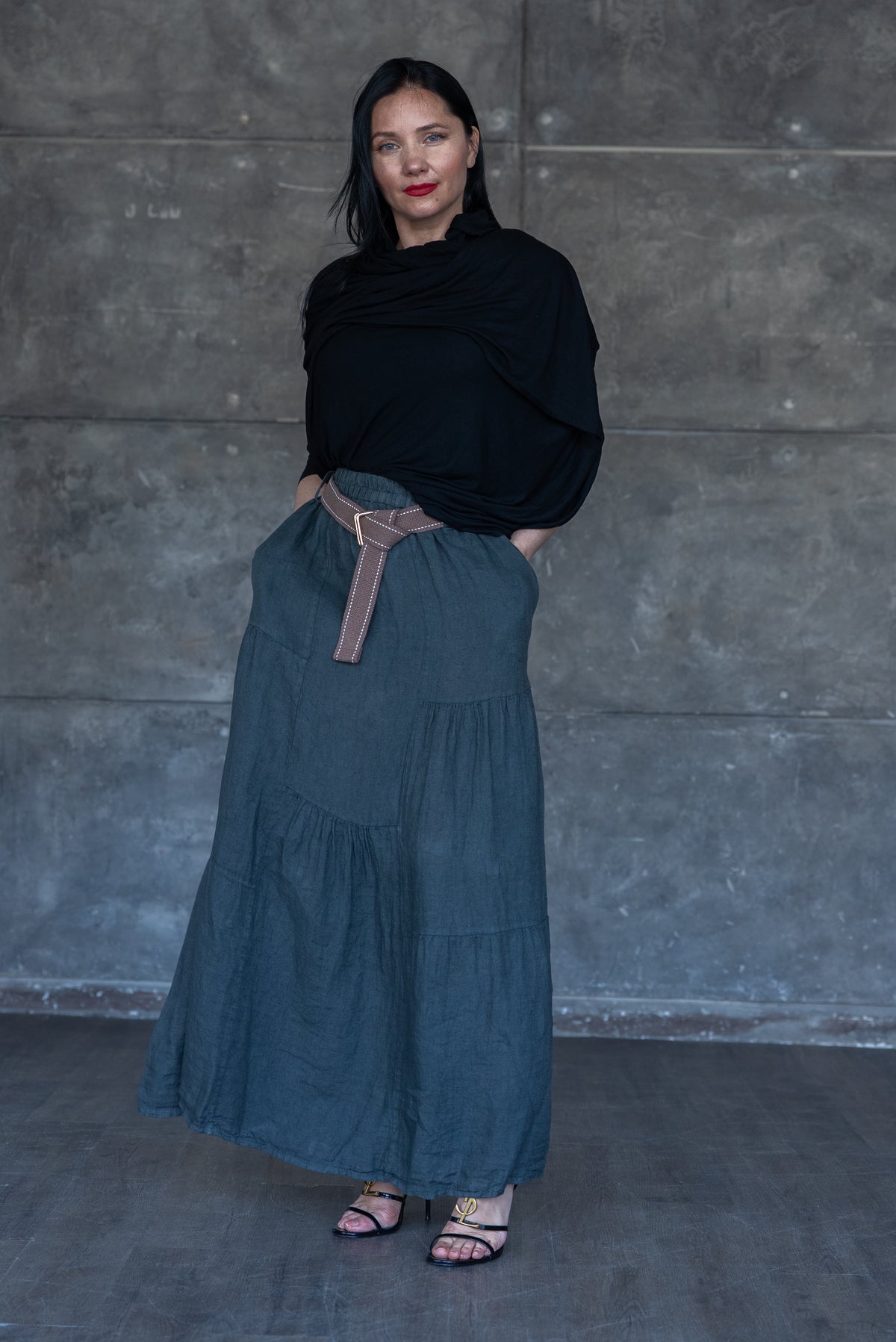 Charcoal Tiered Linen Maxi Skirt