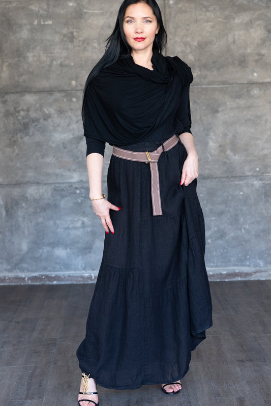Black Tiered Maxi Skirt in Lightweight Linen