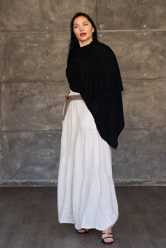 Beige Tiered Maxi Skirt in Linen Blend