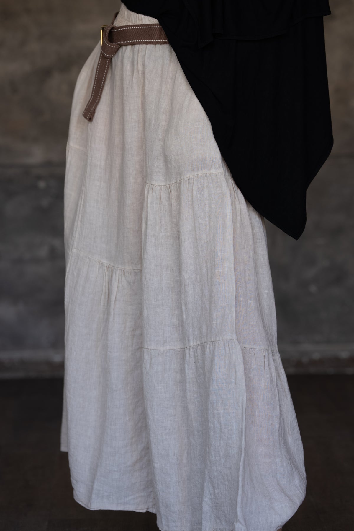 Beige Tiered Linen Maxi Skirt