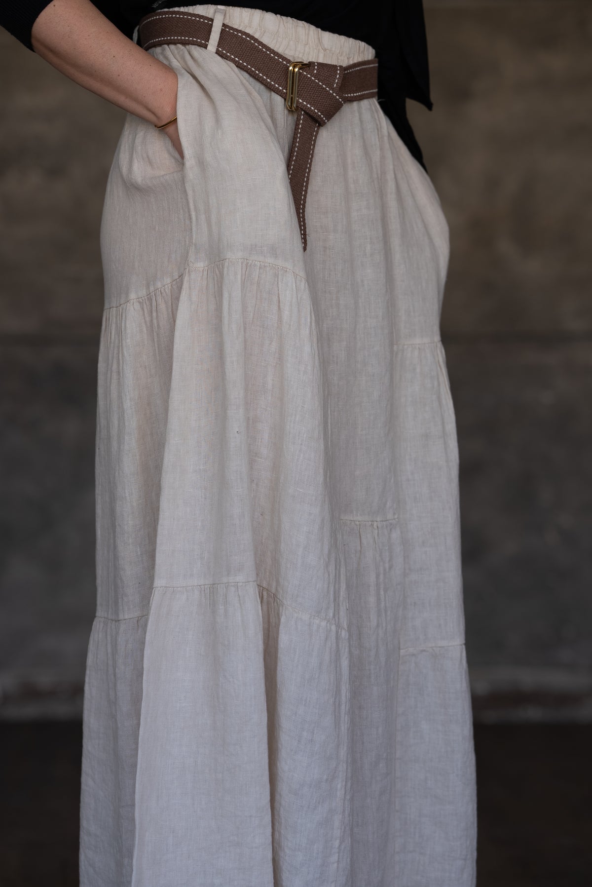 Beige Tiered Linen Maxi Skirt