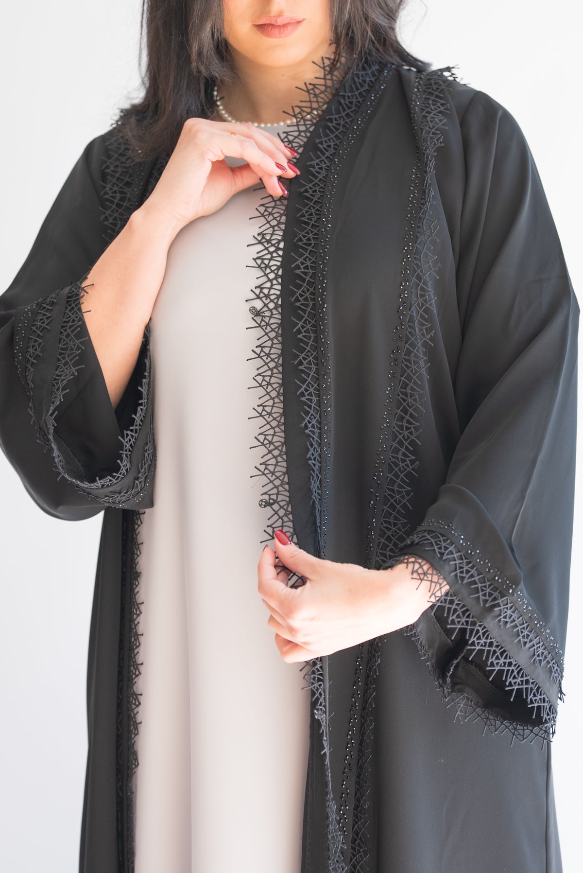 Gessy Black Nida Abaya with Lace Trim and Sheila