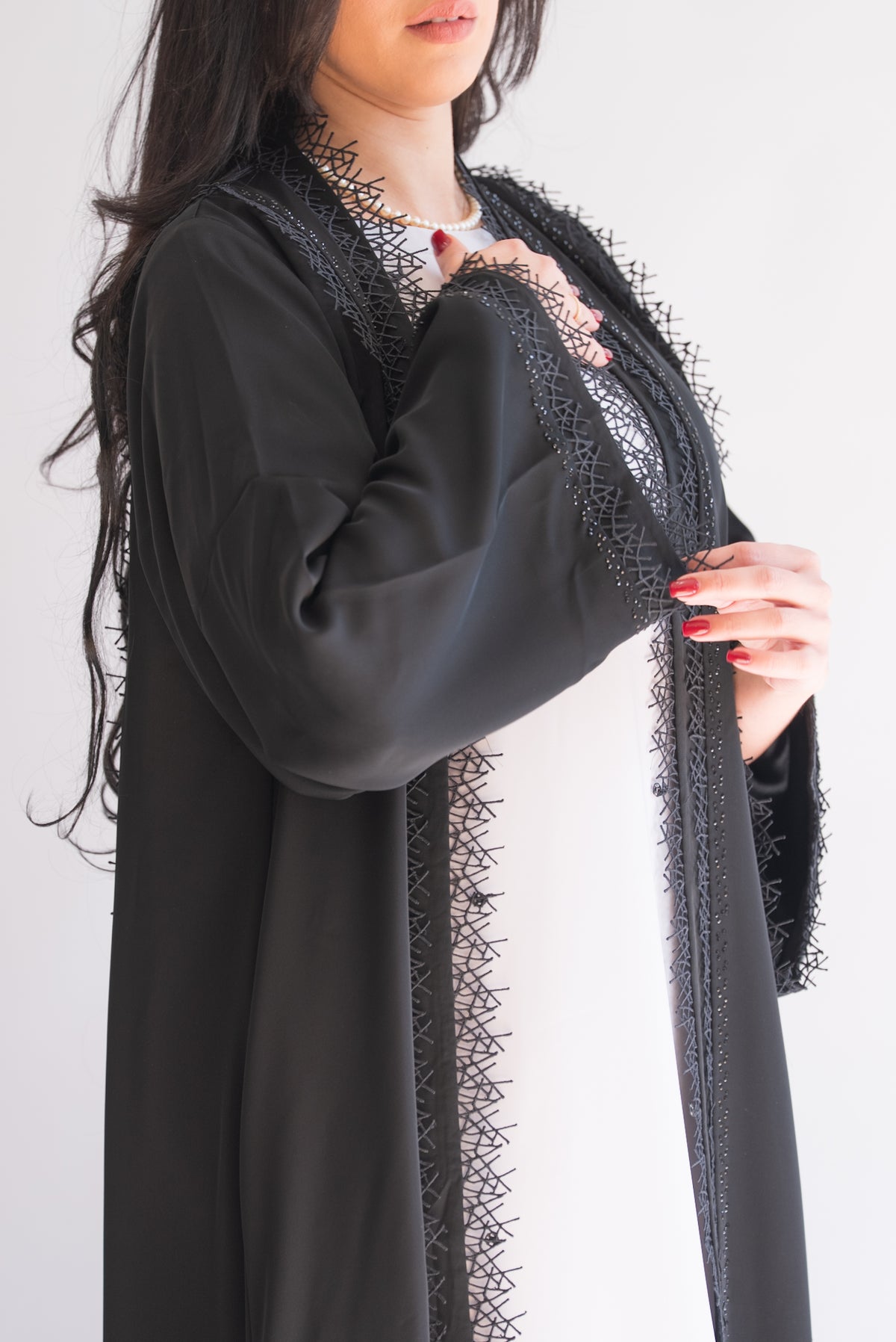 Gessy Black Nida Abaya with Lace Trim and Sheila