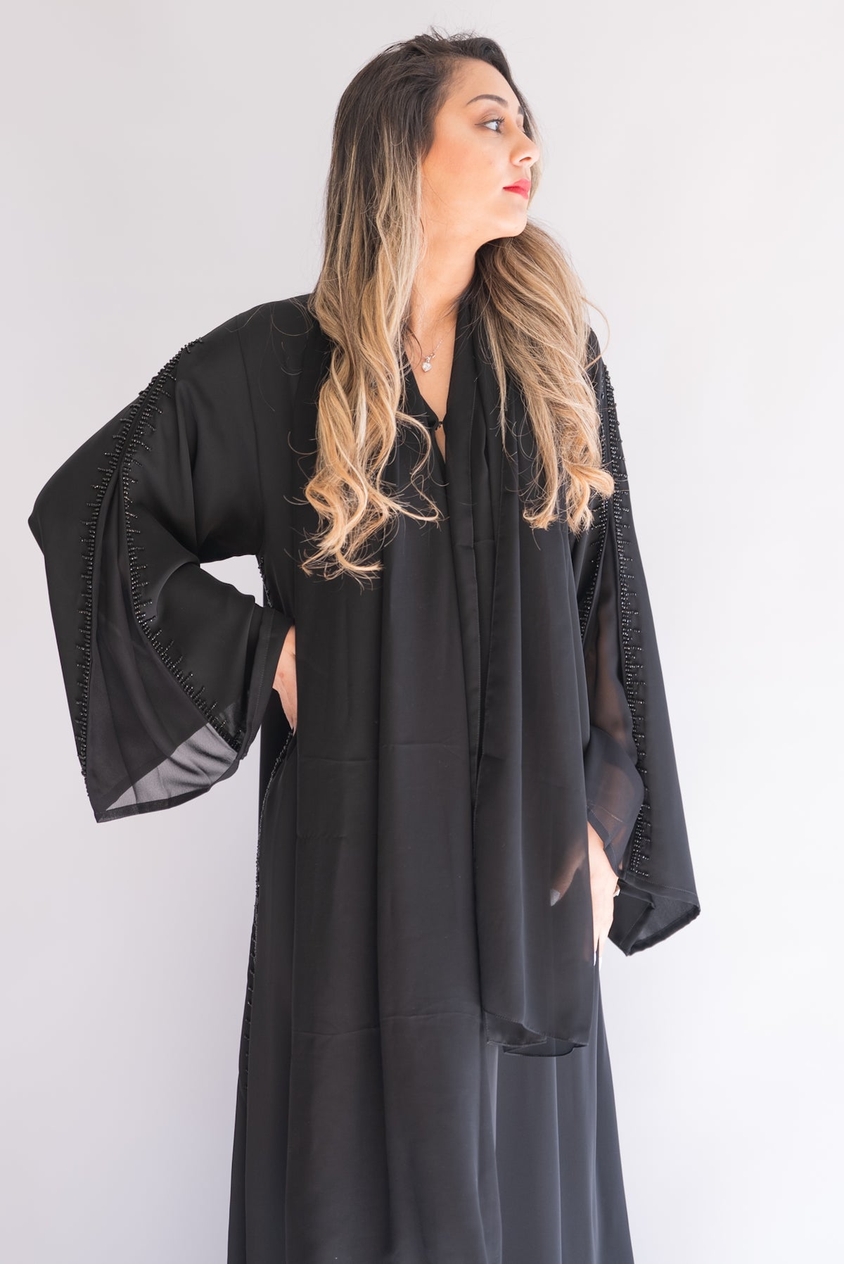 Kayan Black Beaded Abaya with Sheer Sleeves