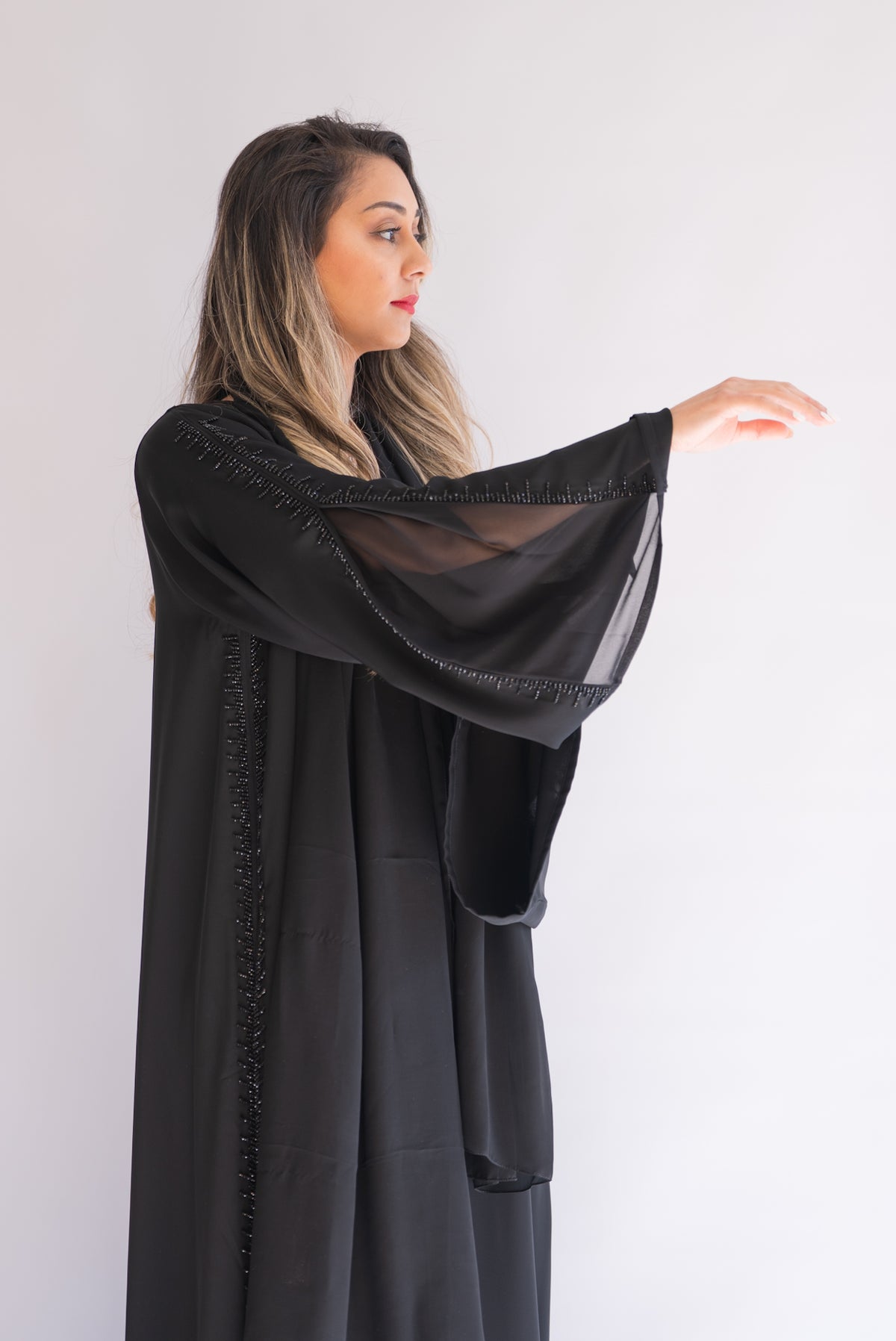 Kayan Black Beaded Abaya with Sheer Sleeves