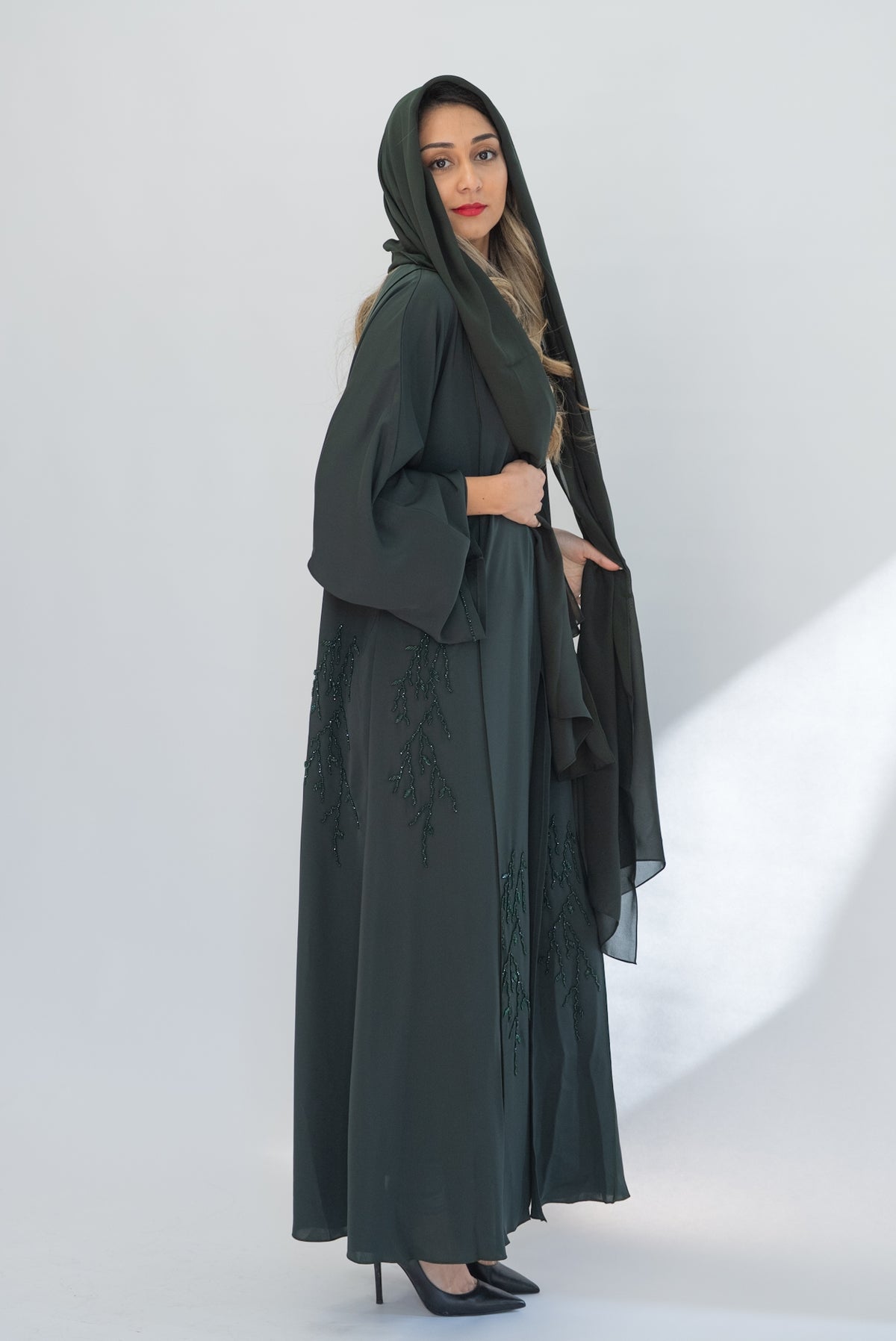 Forest Green Beaded Crepe Open Abaya with Sheila