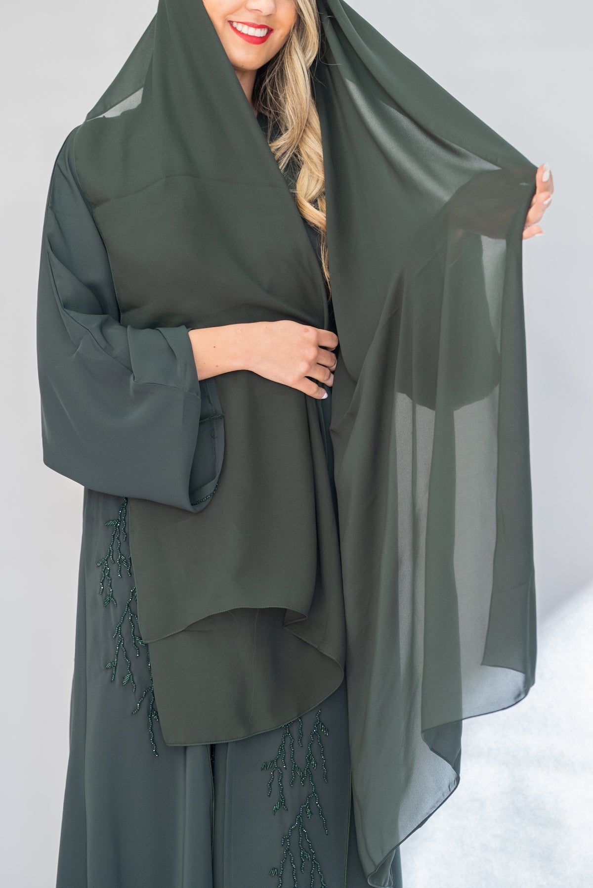 Forest Green Beaded Crepe Open Abaya with Sheila