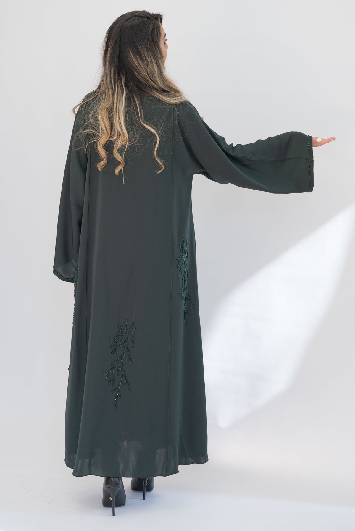 Forest Green Beaded Crepe Open Abaya with Sheila
