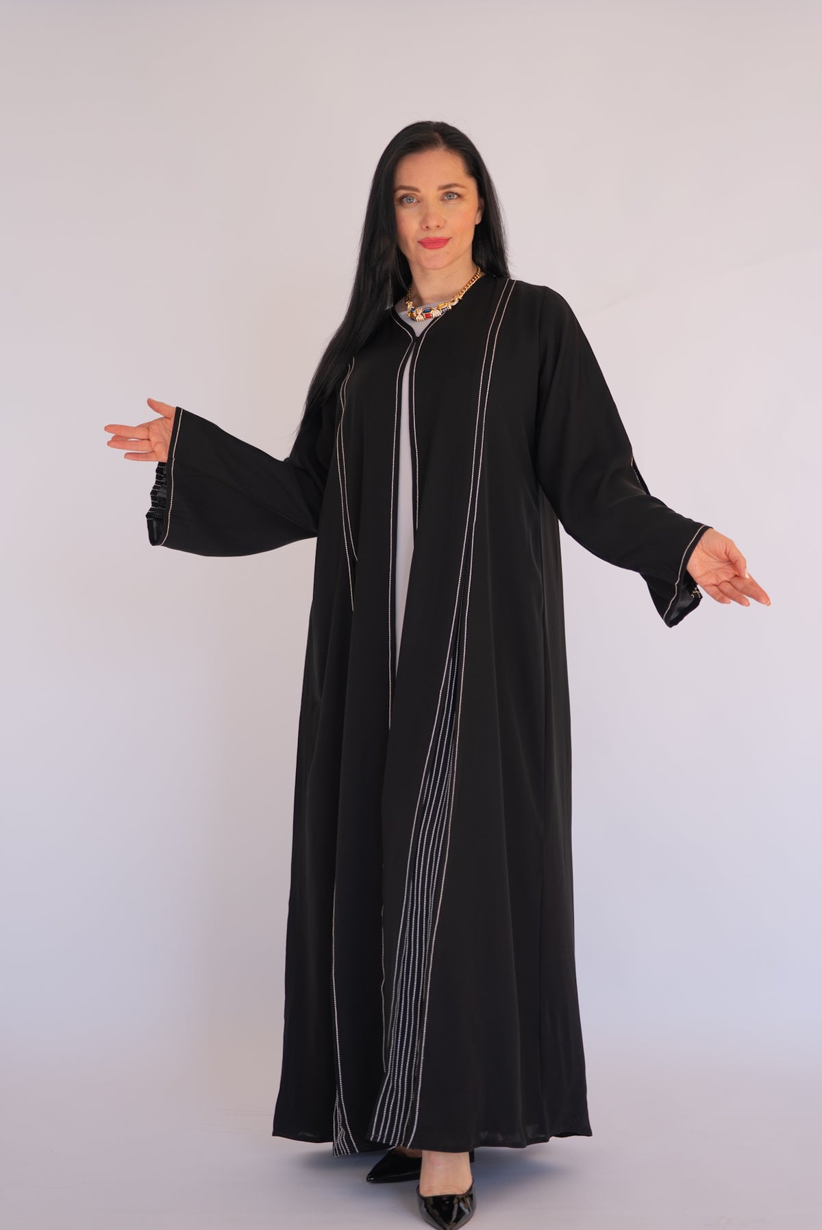 Black Silver Pinstripe Open Abaya