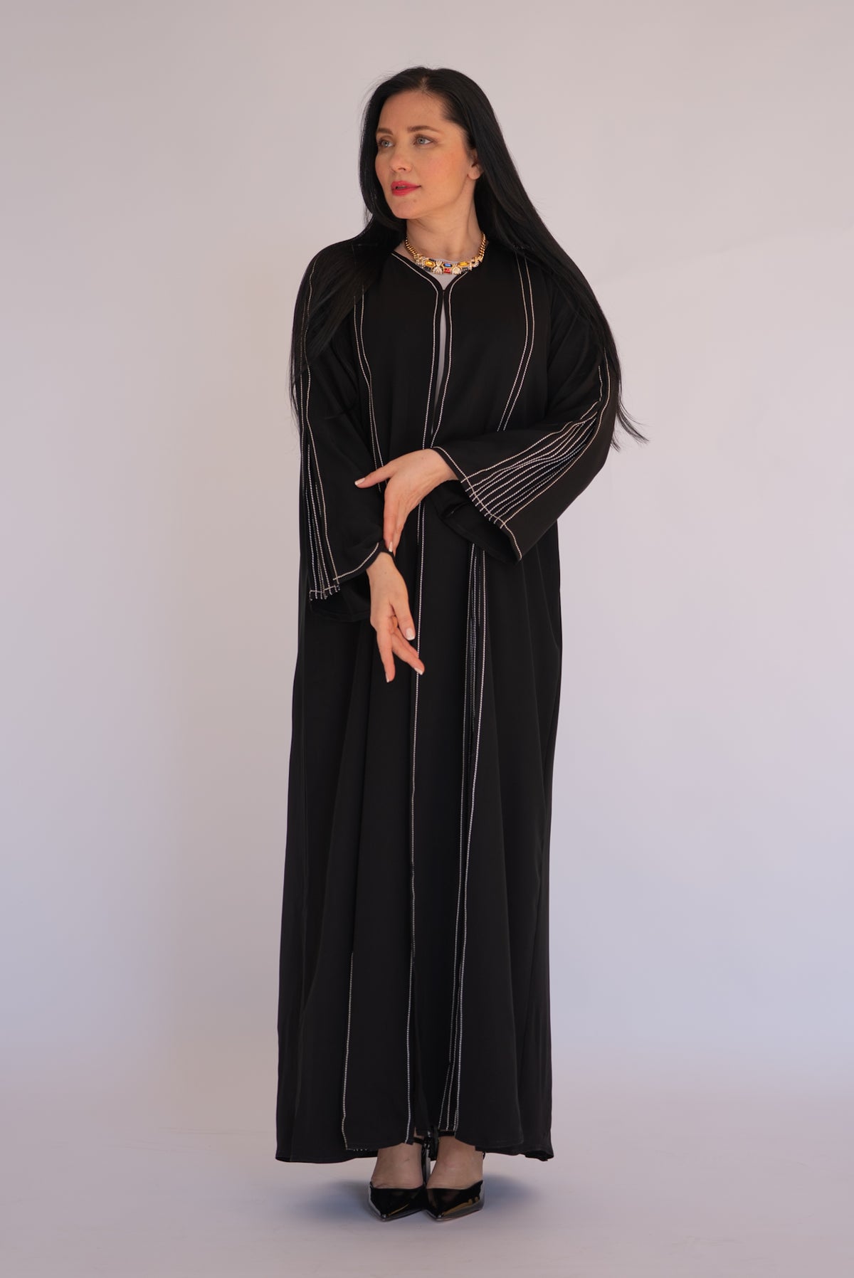 Black Silver Pinstripe Open Abaya